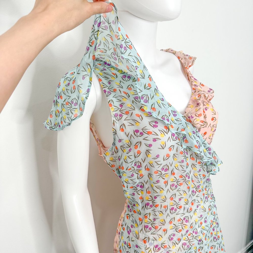 Anthropologie LAIA Mixed Floral Print Ruffle Asymmetrical Midi Dress Pink Blue - Picture 6 of 17
